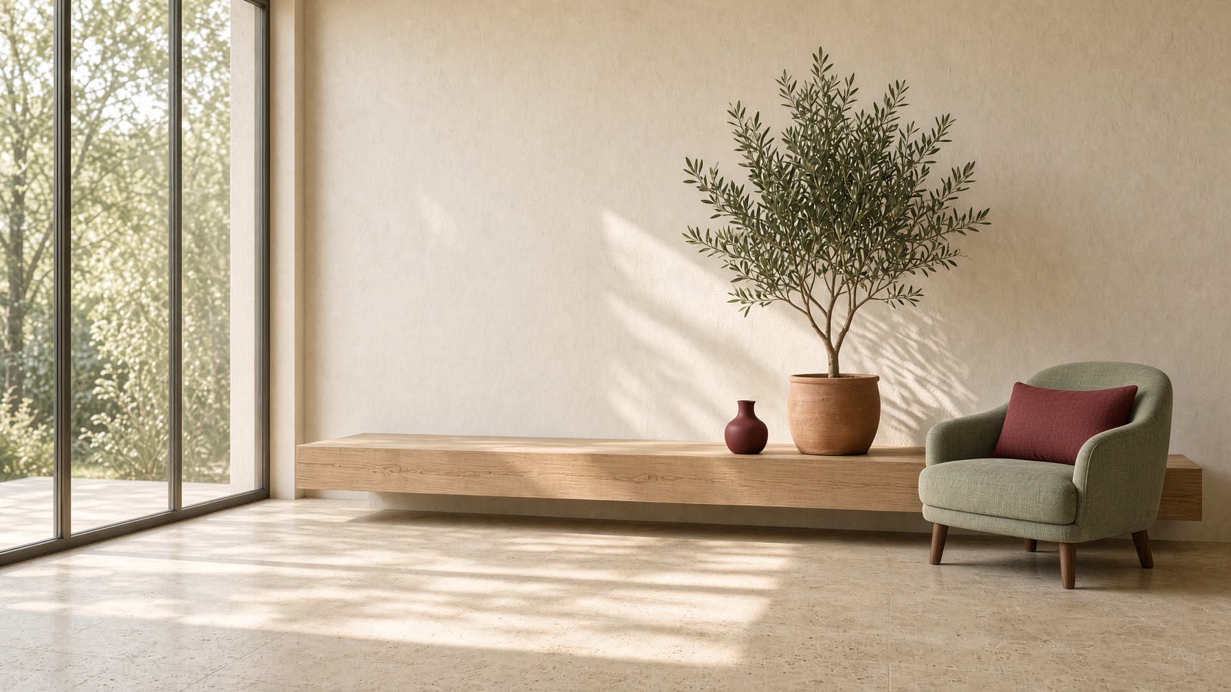Sunlit condominium lobby with pale oak, an olive tree, and a quiet seating area.