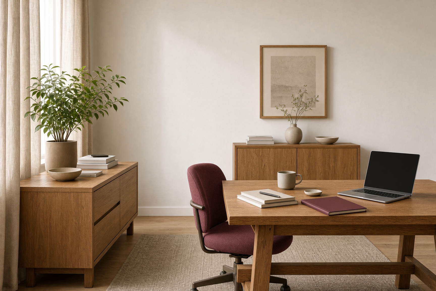 A calm office with wood desks, linen curtains, and soft daylight.