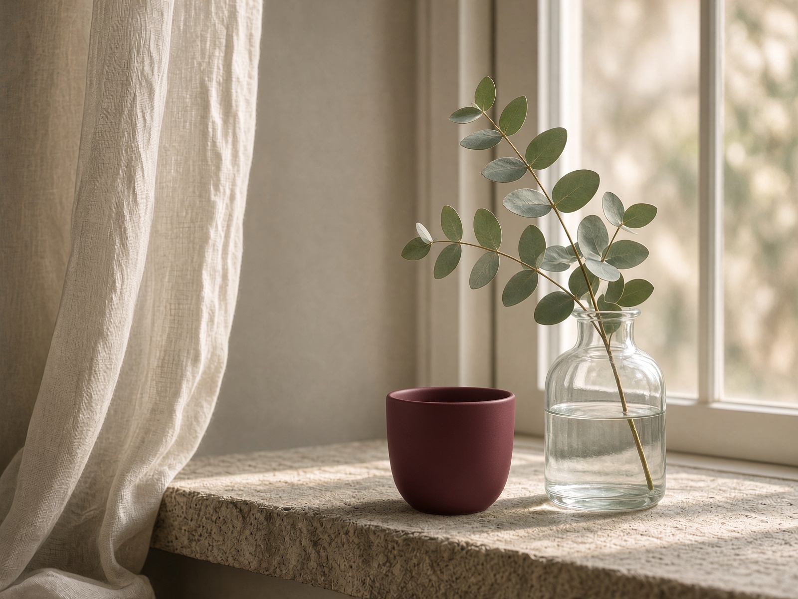 Eucalyptus on a stone sill beside clean glass and a linen curtain.